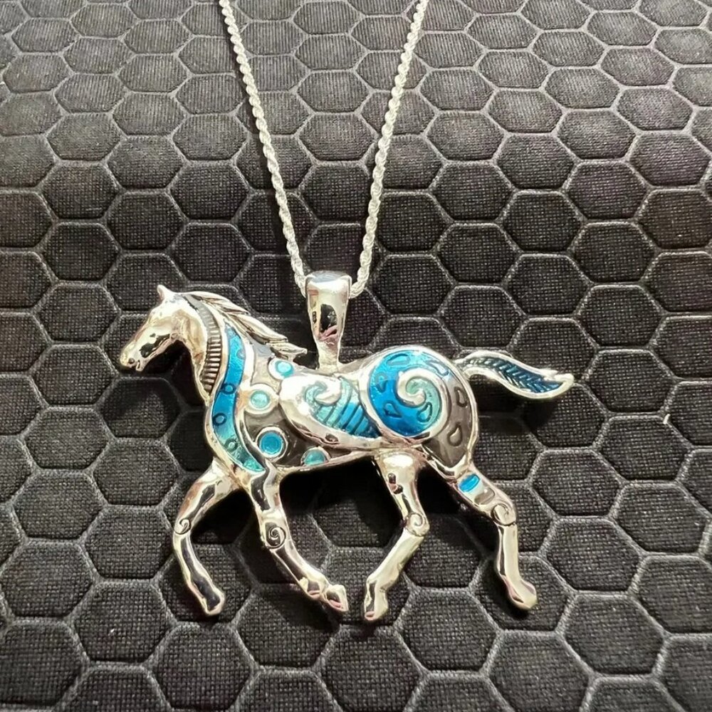 Horse Necklace Turquoise and Silver 18K White Gold Plated
